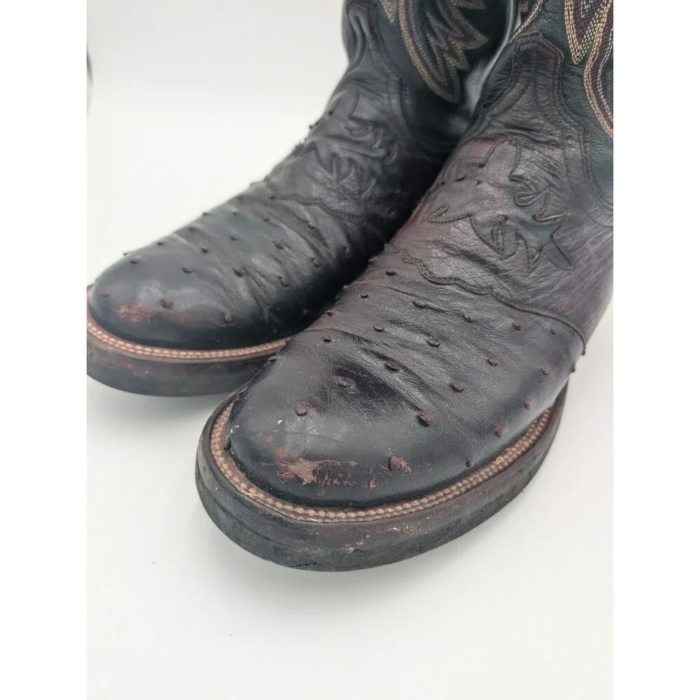 Lucchese 2000 Men 10.5D Black Cherry Ostrich Leather Western Cowboy Roper Boots.